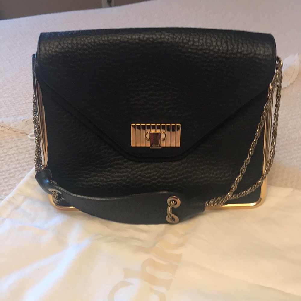 Black Leather Chain Shoulder Bag with Gold Hardware